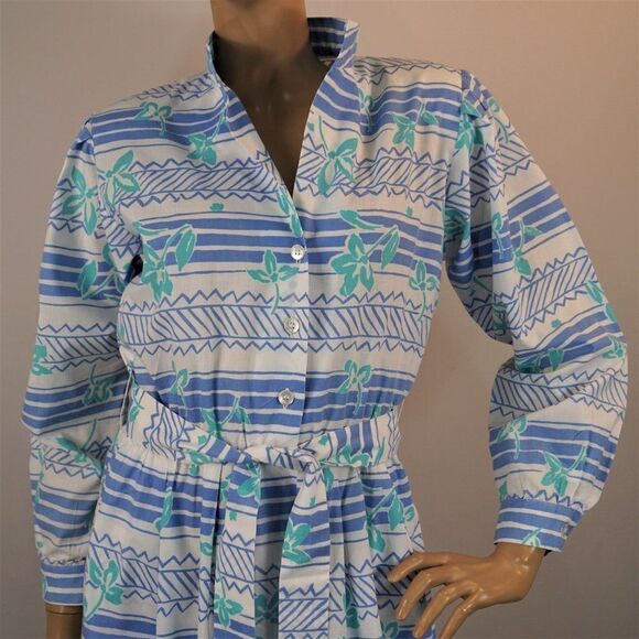 Vintage Tanner Dress 80s USA Button Front Belted Blue White Striped - Picture 8 of 12